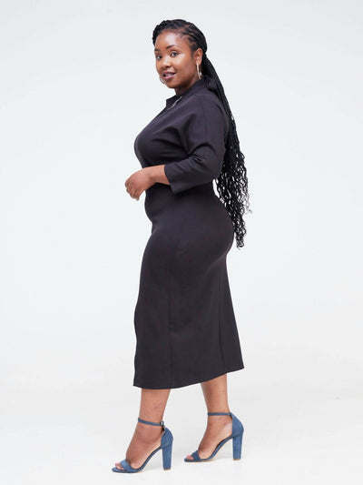 The Fashion Frenzy Front Slit Pencil Dress- Black - Shopzetu