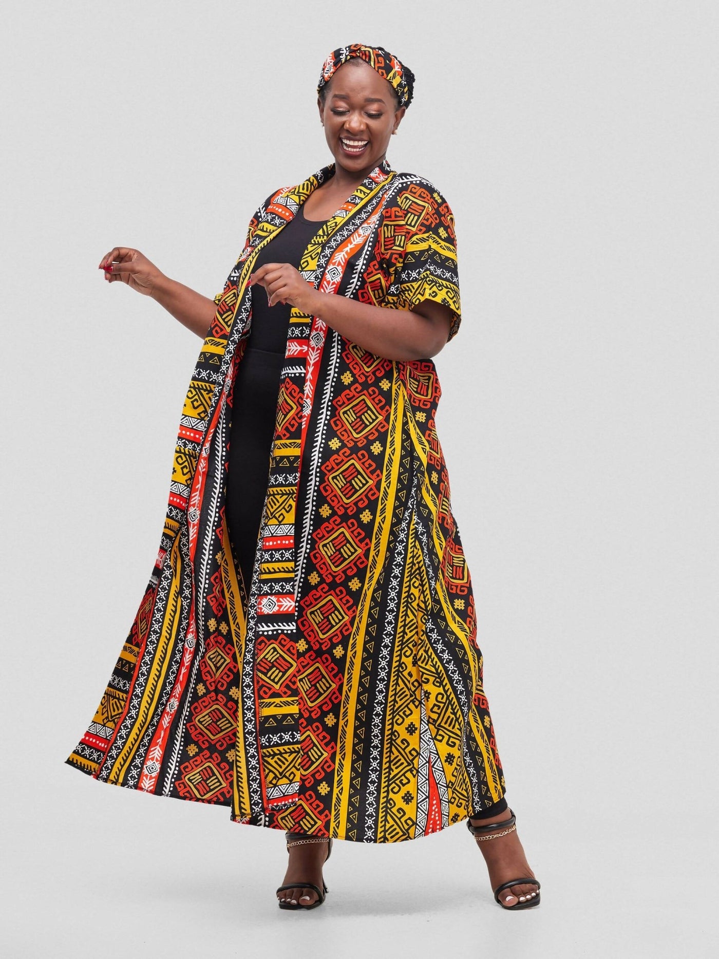 Simbaress Kitenge Raha Long Kimono - Black/Orange - Shopzetu