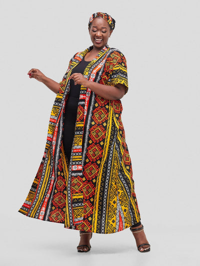 Simbaress Kitenge Raha Long Kimono - Black/Orange - Shopzetu