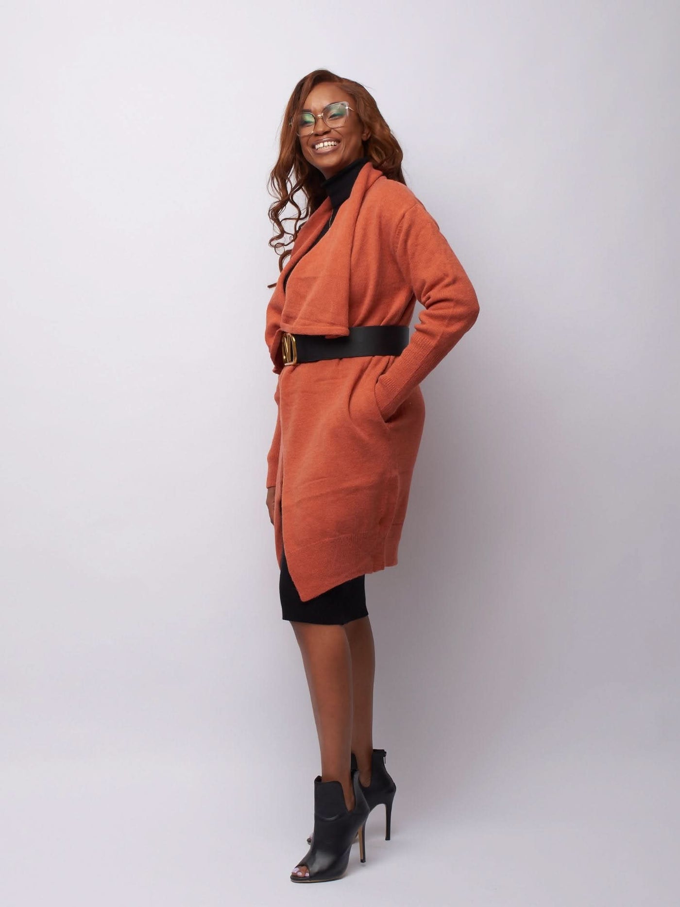 Tuli Thandiwe Drape Collar Long Cardigan - Rust Red - Shopzetu