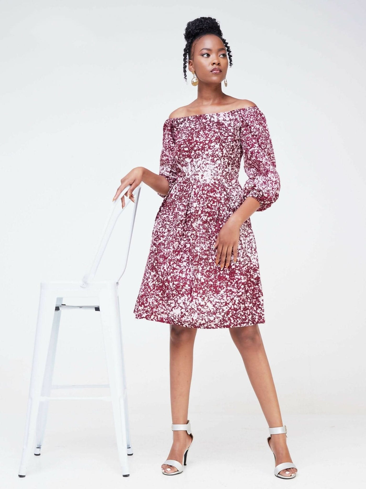 The Fashion Frenzy Keino Off Shoulder Skater Dress - Maroon - Shopzetu