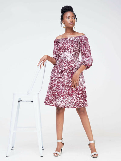 The Fashion Frenzy Keino Off Shoulder Skater Dress - Maroon - Shopzetu