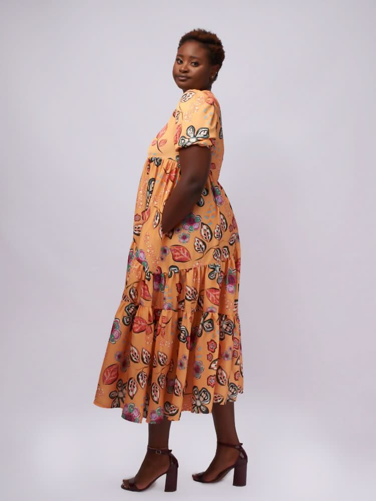 Tuli Sofia Baby Doll Midi Dress - Mustard Print - Shopzetu