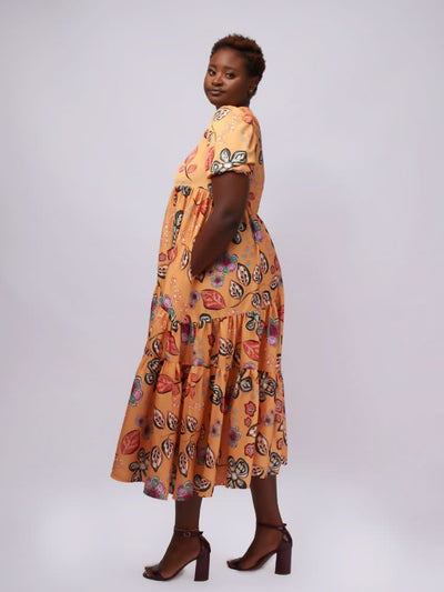 Tuli Sofia Baby Doll Midi Dress - Mustard Print - Shopzetu