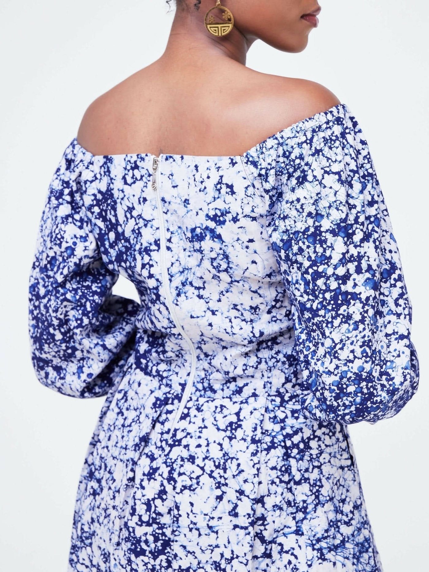 The Fashion Frenzy Keino Off Shoulder Skater- Blue / White Print - Shopzetu