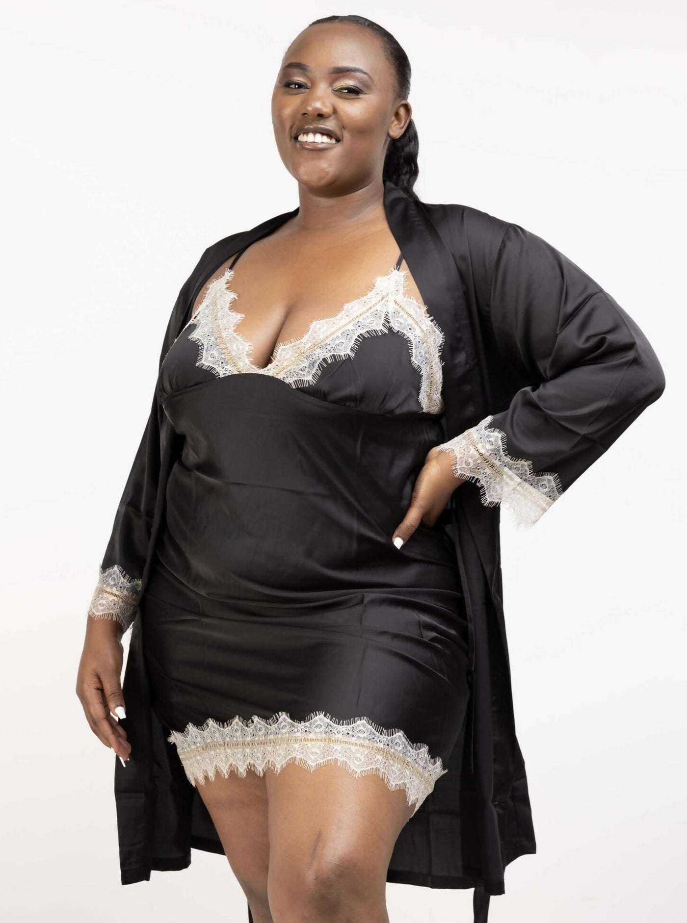 Intimates Kenya Satin Lace Splice Sexy Women Two-piece Home Pajamas - Black - Shopzetu