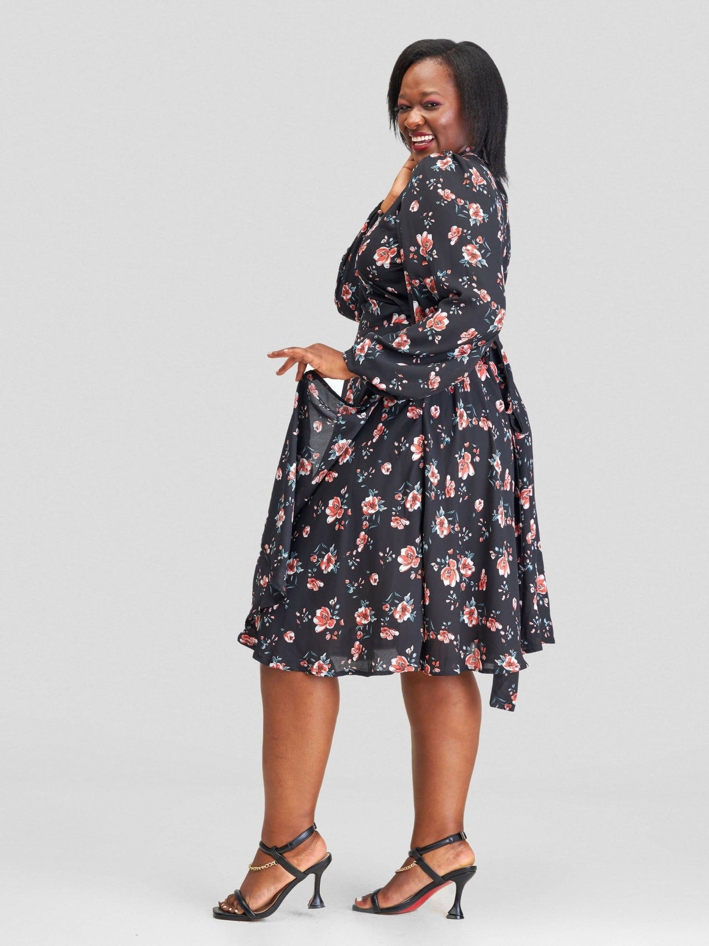 Lucille Couture Elle Floral Wrap Dress - Black - Shopzetu