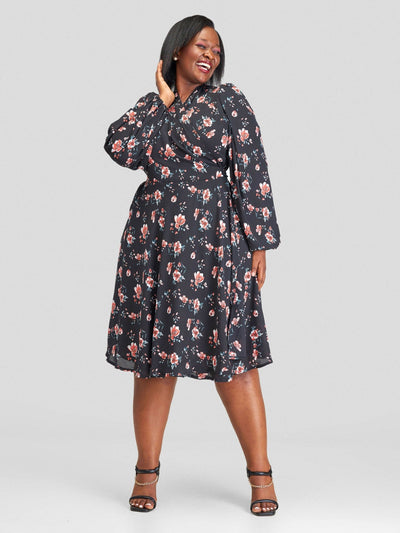 Lucille Couture Elle Floral Wrap Dress - Black - Shopzetu