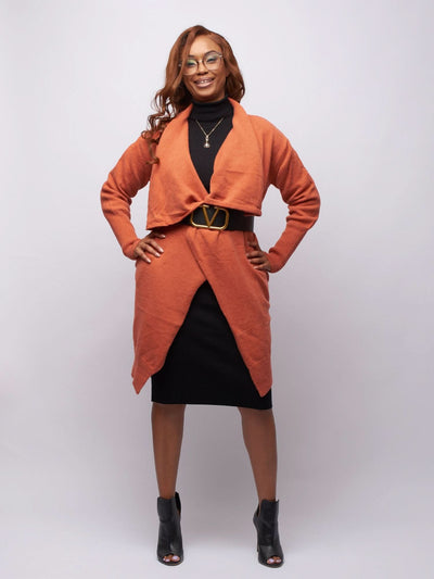 Tuli Thandiwe Drape Collar Long Cardigan - Rust Red - Shopzetu