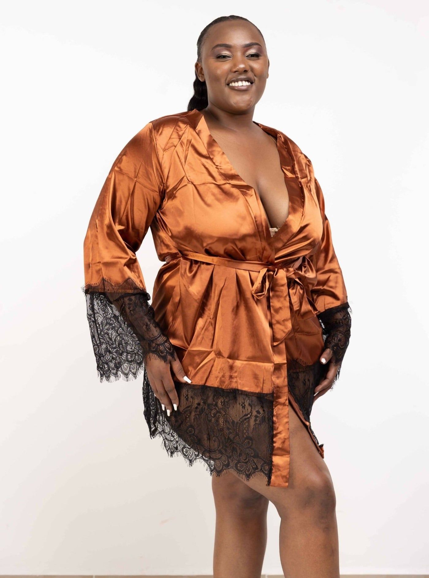 Intimates Kenya Eyelash Lace Nightdress Silk Long Sleeves Sleepwear with G String - Brown - Shopzetu