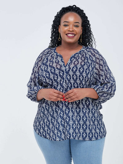 Lamazi Collections Chiffon Top - Blue / White Print - Shop Zetu Kenya