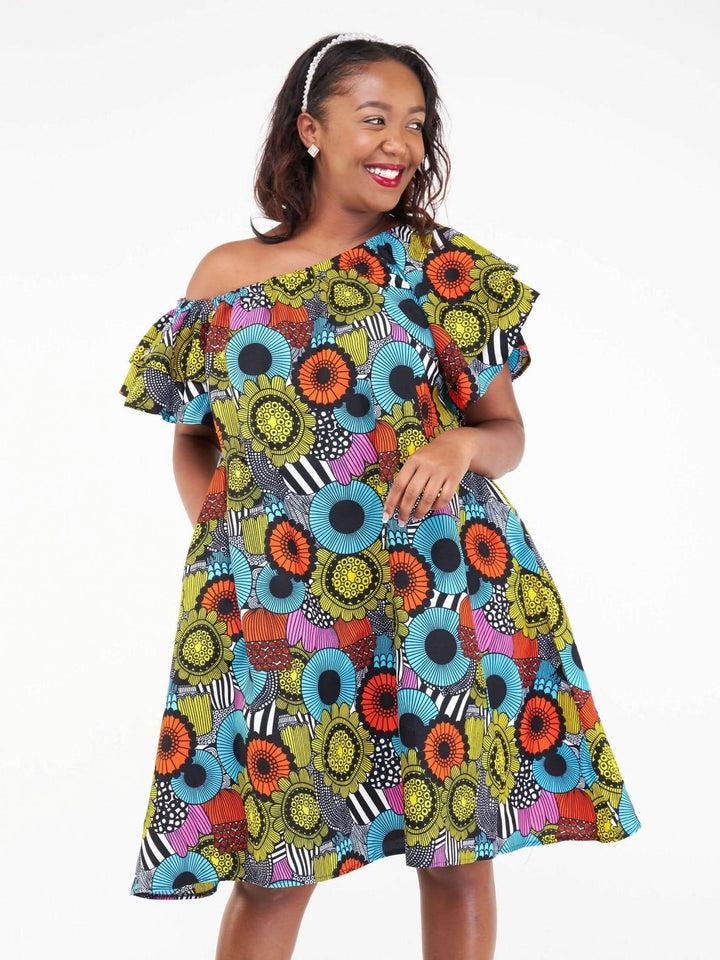 Izulu Amali Off Shoulder Dress - Blue Print - Shopzetu