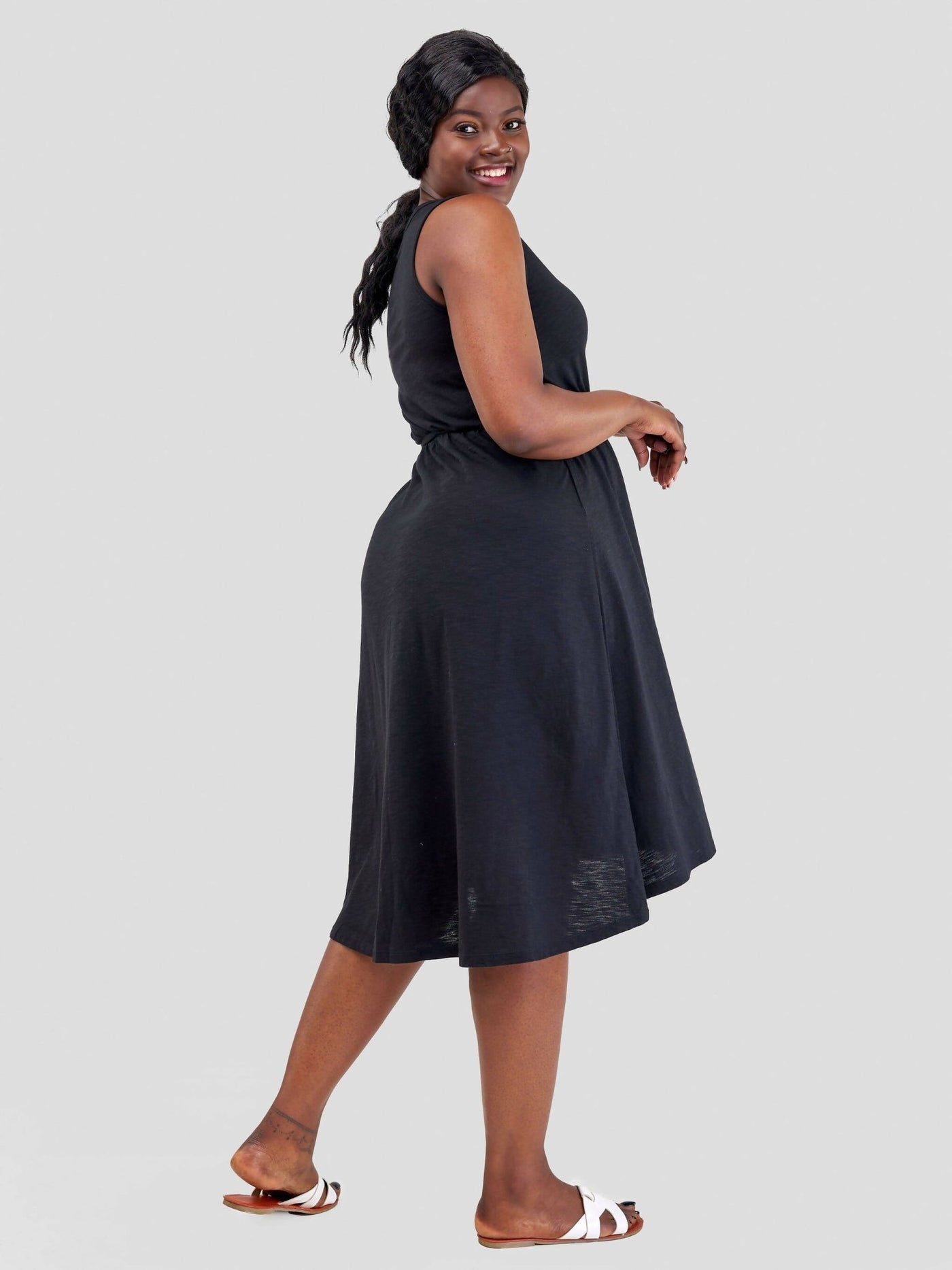 Hessed Midi Sleeveless V-Neck Dress - Black - Shopzetu