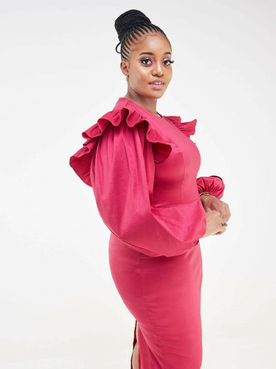 Bold N Chic Ruffled Shoulders Bandage Dress - Burgundy - Shopzetu