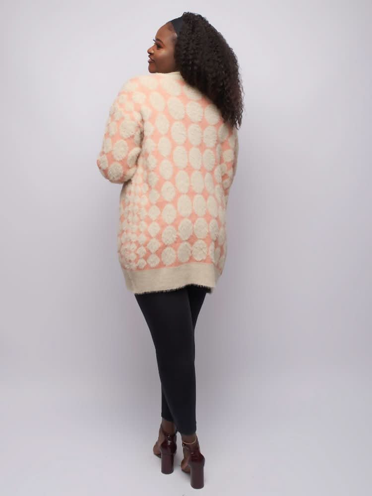 Tuli Zola Diamond Print Cardigan - Peach / Pink - Shopzetu