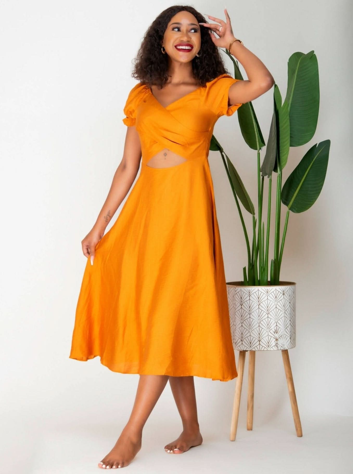 WSC Pambo Nalani Zaria Front Cut Midi Dress - Yellow - Shopzetu
