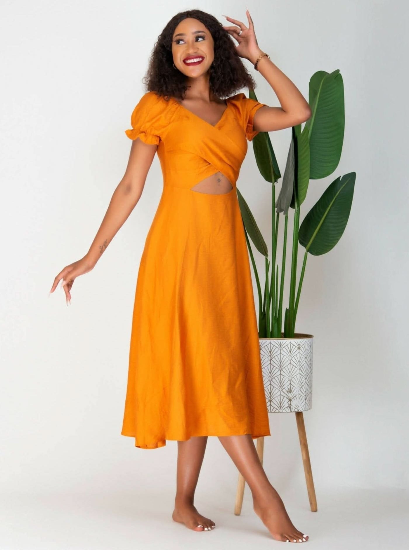 WSC Pambo Nalani Zaria Front Cut Midi Dress - Yellow - Shopzetu