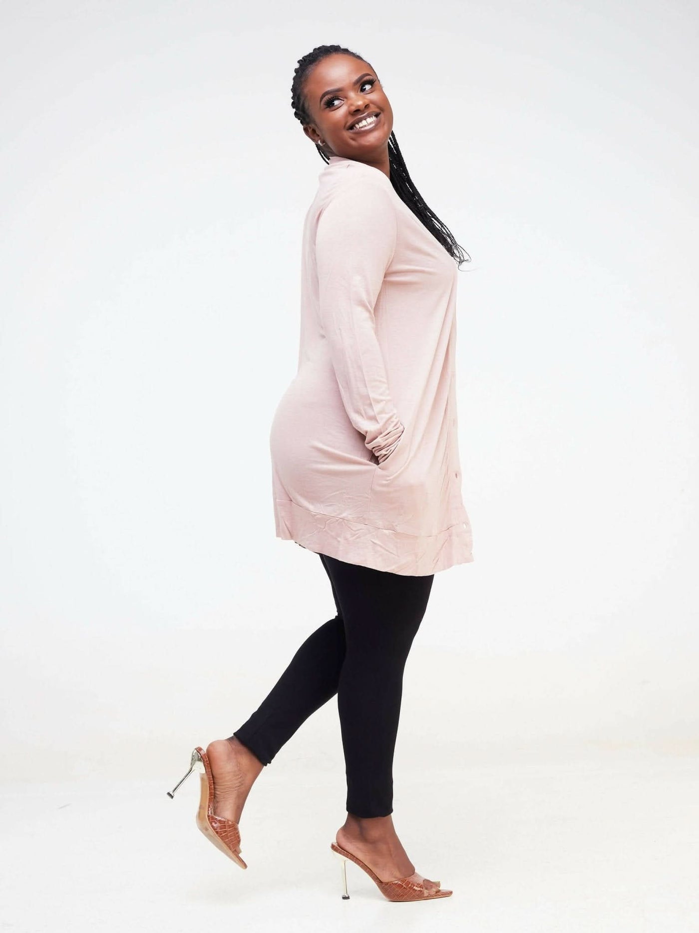 Hessed Midi Buttoned Waterfall - Pink - Shopzetu