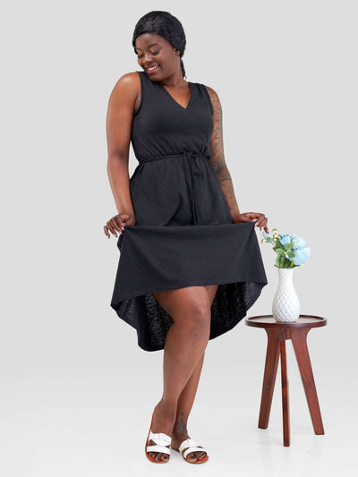 Hessed Midi Sleeveless V-Neck Dress - Black - Shopzetu