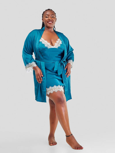 Intimates Kenya Satin Lace Splice Sexy Women Two-piece Home Pajamas - Green - Shopzetu
