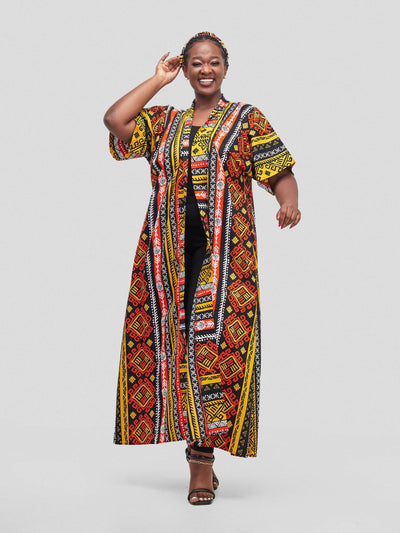 Simbaress Kitenge Raha Long Kimono - Black/Orange - Shopzetu