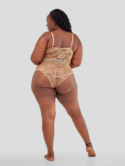 Intimates Kenya High Quality Eyelash Lace Splice Sexy Bodysuit - Beige - Shopzetu