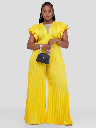 Bold N Chic Pleated Flared Jumpsuit - Yellow - Shopzetu