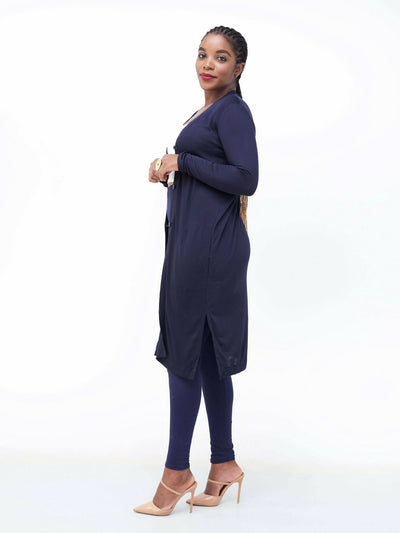 Hessed Long Buttoned Waterfall - Navy Blue - Shopzetu