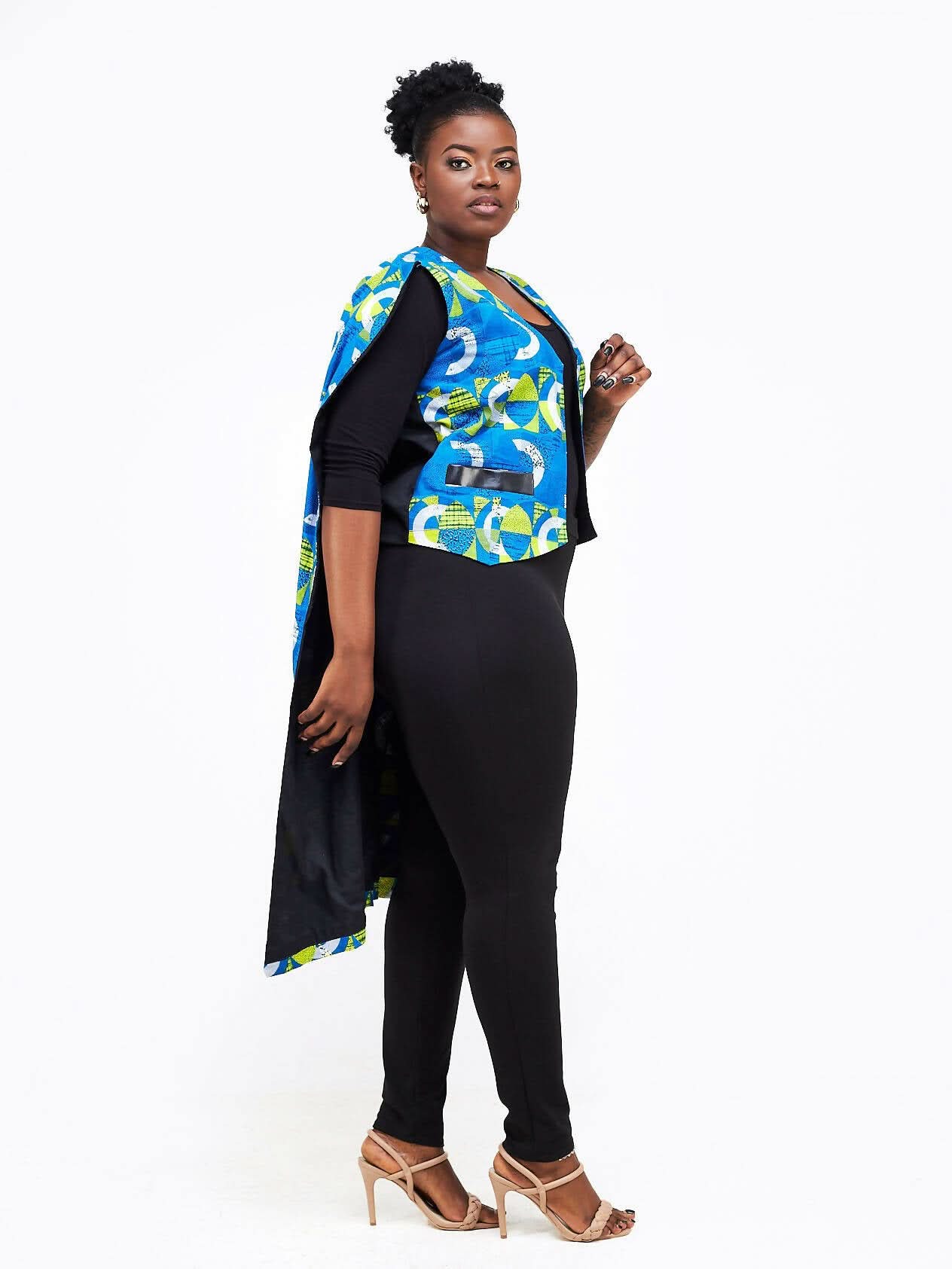 Simbaress Fem Ankara Midi Cape – Blue / Green - Shopzetu