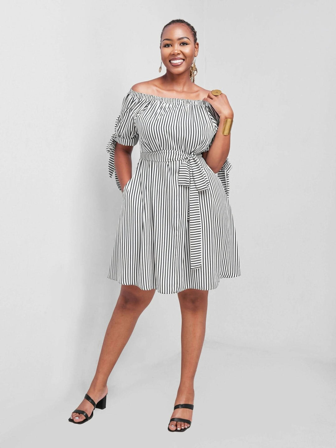 Salok Havilah Dabby Off-shoulder Knee Length Dress - Navy Blue Stripes - Shopzetu