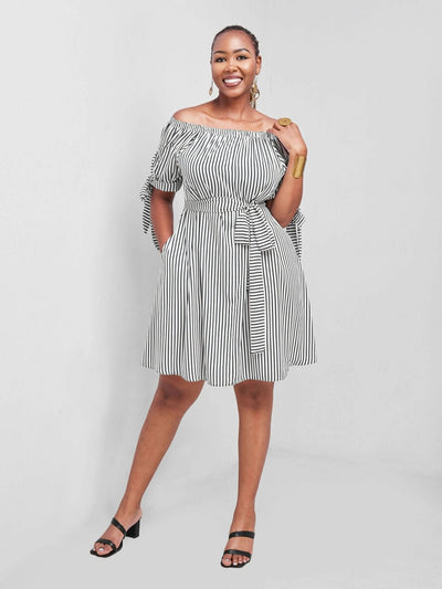 Salok Havilah Dabby Off-shoulder Knee Length Dress - Navy Blue Stripes - Shopzetu