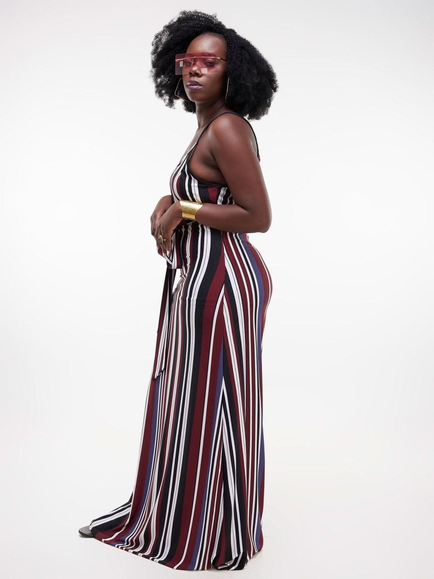 Salok Salama Maxi Dress - Maroon / Black / White Stripes - Shopzetu