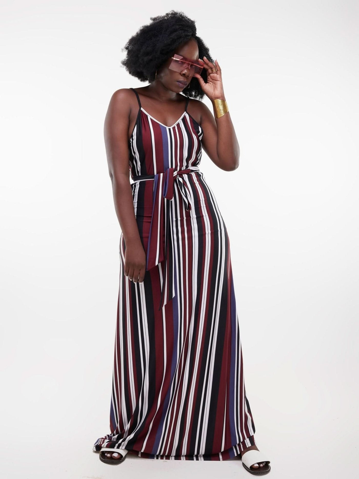 Salok Salama Maxi Dress - Maroon / Black / White Stripes - Shopzetu