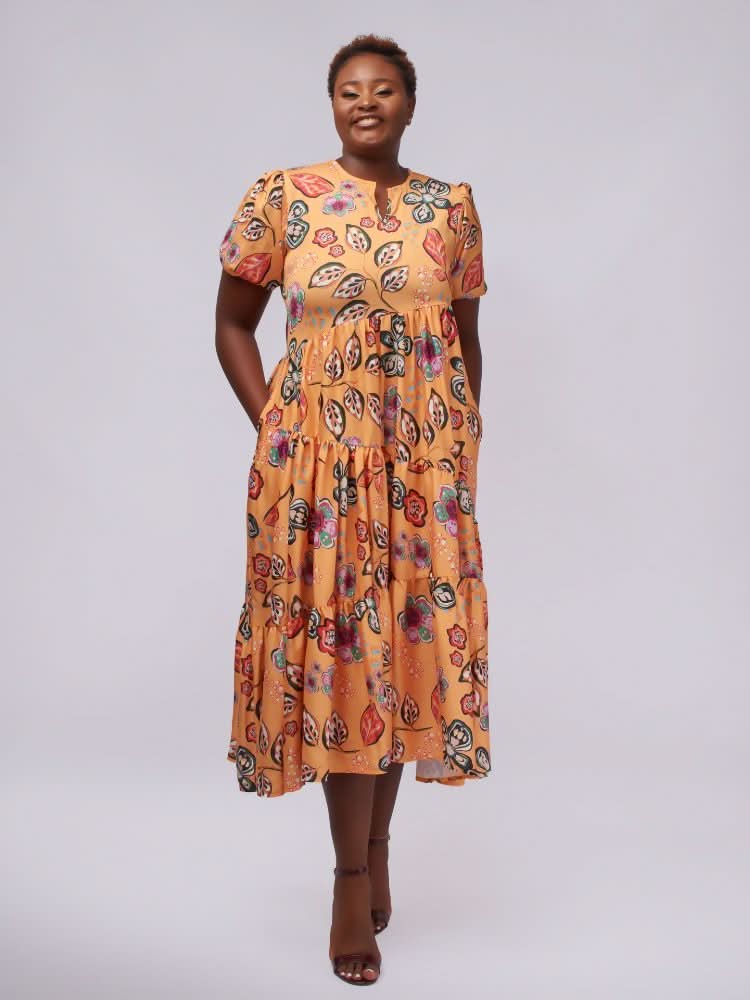 Tuli Sofia Baby Doll Midi Dress - Mustard Print - Shopzetu