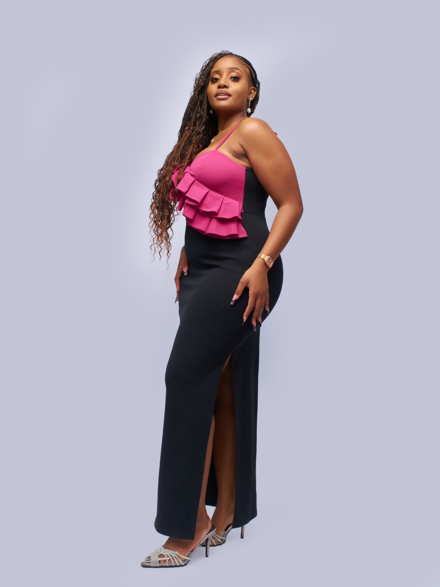 Tuli Katwiri Colour Block Maxi Dress - Fuchsia & Black - Shopzetu