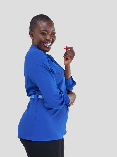 The Fashion Frenzy Belted Mock Pocket Long Sleeve Blouse - Blue - Shopzetu