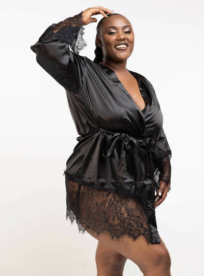 Intimates Kenya Eyelash Lace Nightdress Silk Long Sleeves Sleepwear with G String - Black - Shopzetu