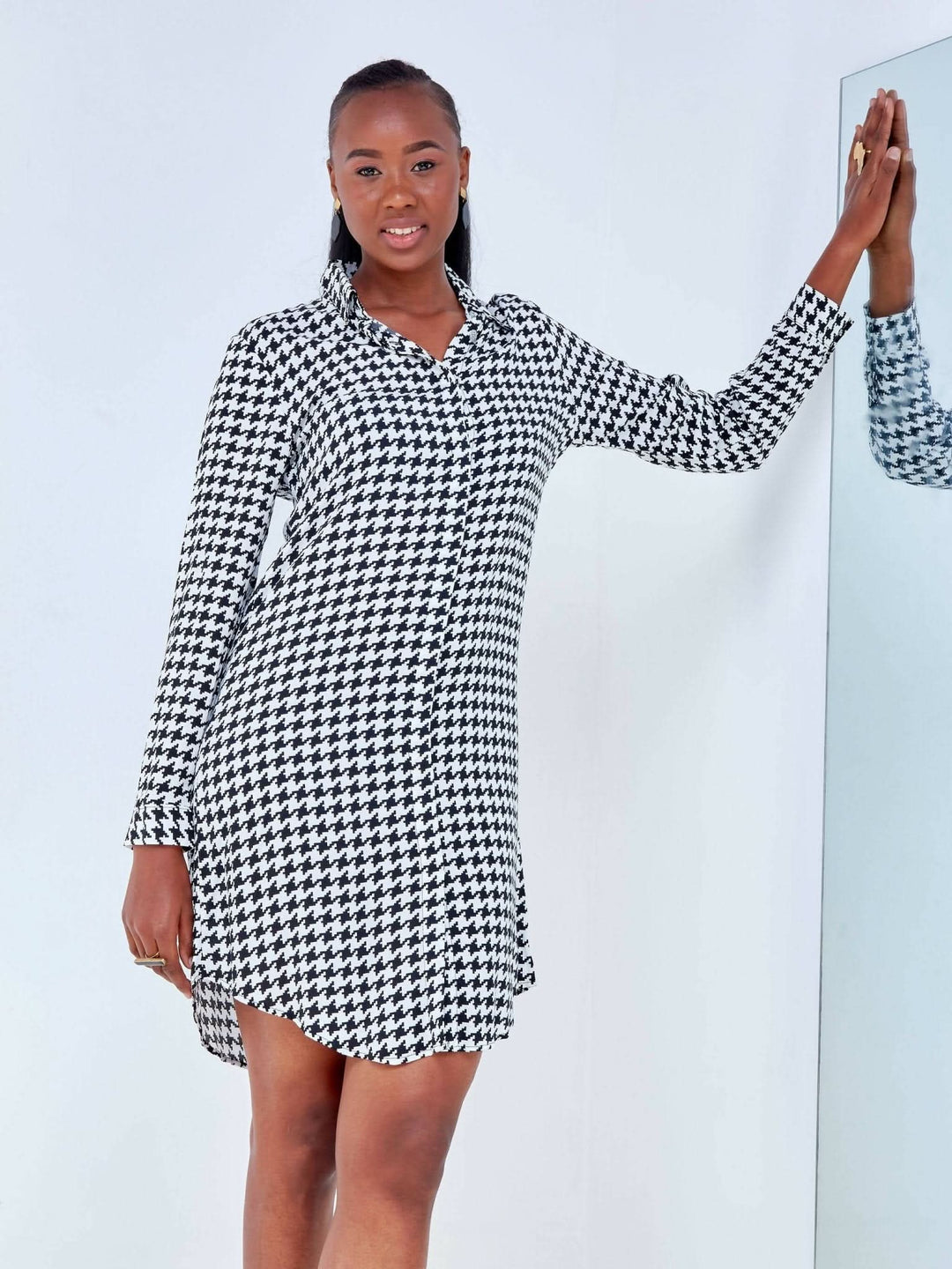 The Fashion Frenzy Dogtooth Shirt Dress - White / Black Print - Shop Zetu Kenya