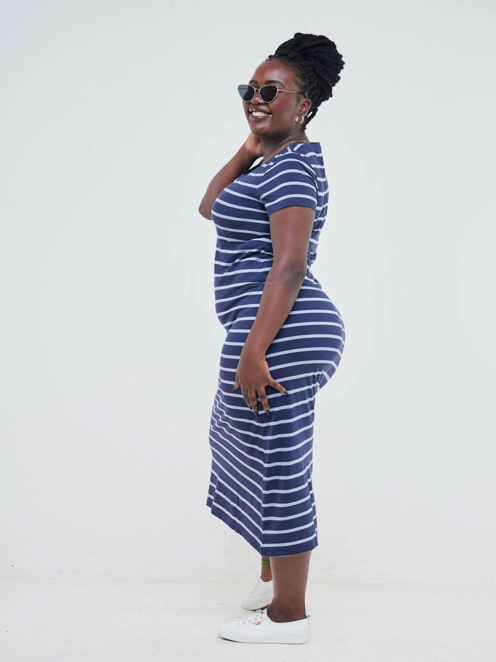 Hessed Sleeved Midi Stripped Dress - Blue - Shopzetu