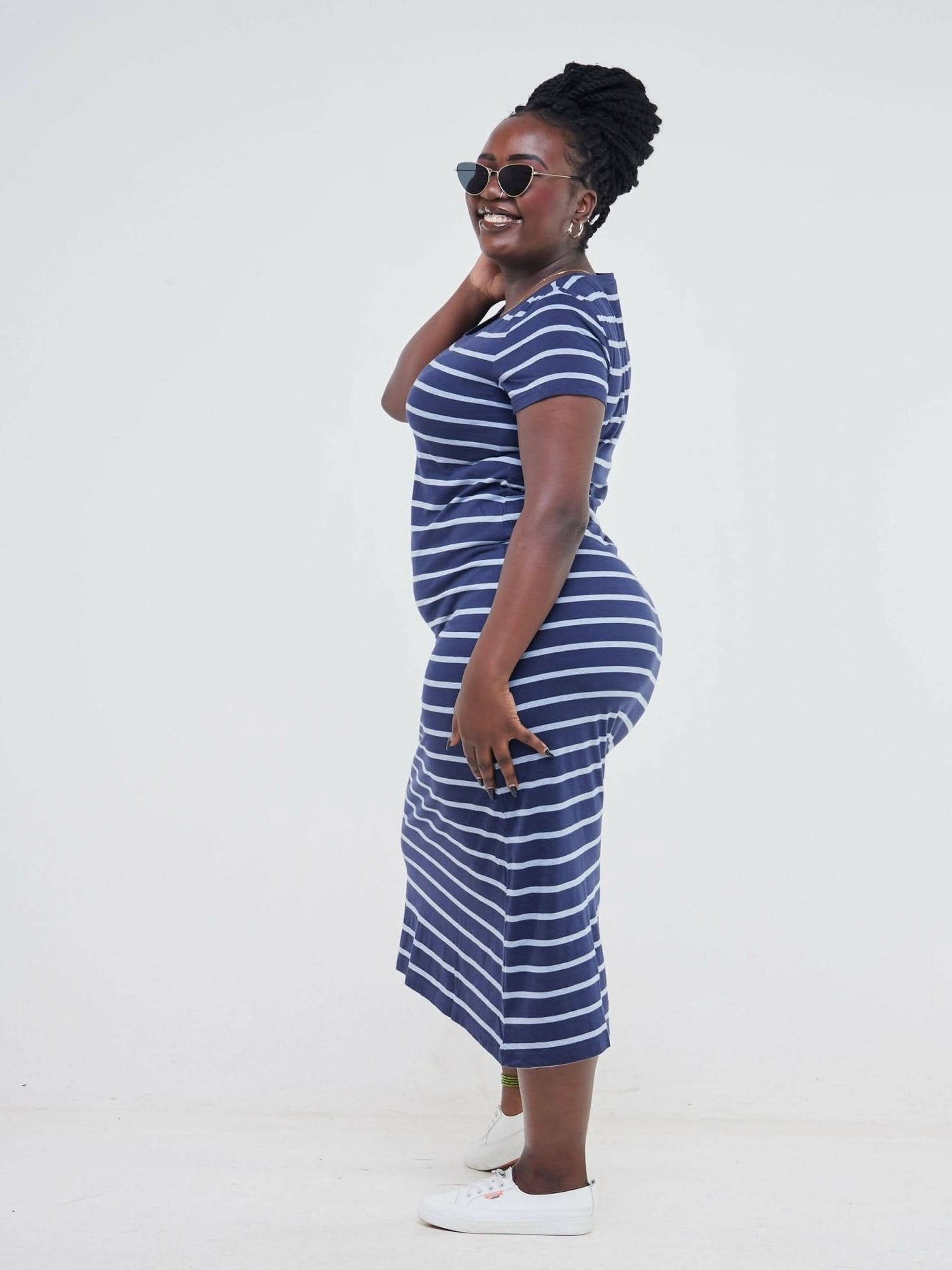 Hessed Sleeved Midi Stripped Dress - Blue - Shopzetu