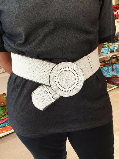 Azu's Casual 7cm Wide Leather Beaded Belt - White Print - Shopzetu