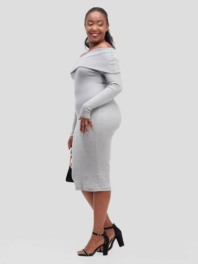 Chic Plug Off - Shoulder Dress - Grey - Shopzetu
