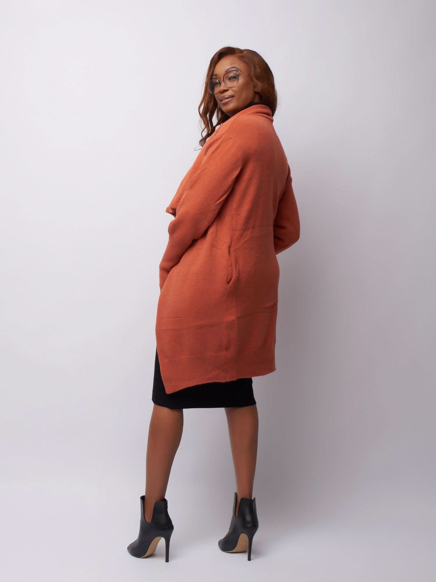 Tuli Thandiwe Drape Collar Long Cardigan - Rust Red - Shopzetu