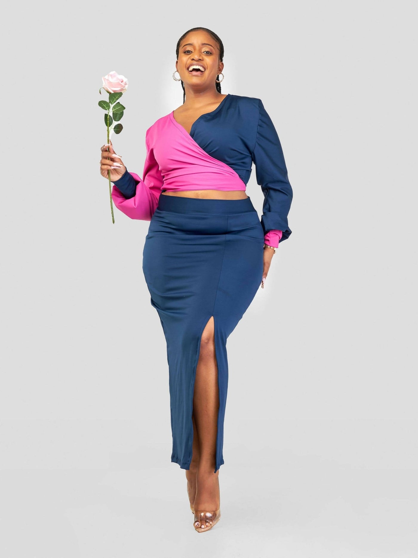 Juka Closet 2 Piece Wrap Top and Skirt - Navy Blue - Shopzetu
