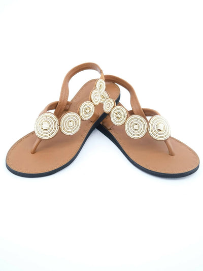 Azu's Beaded Backstrap Sandals - Cream / Gold - Shopzetu