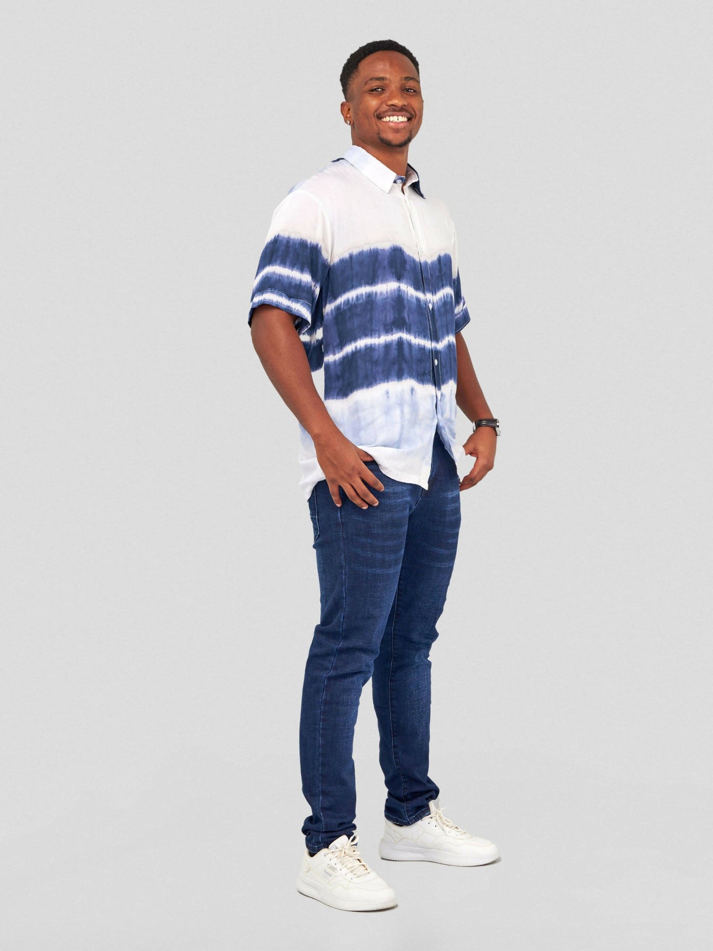 Vazi Afriq Tie & Dye Normal Collar Shirt - Navy Blue / White - Shopzetu