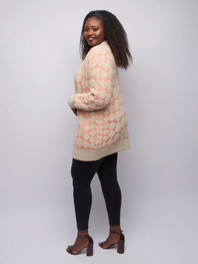 Tuli Zola Diamond Print Cardigan - Peach / Pink - Shopzetu
