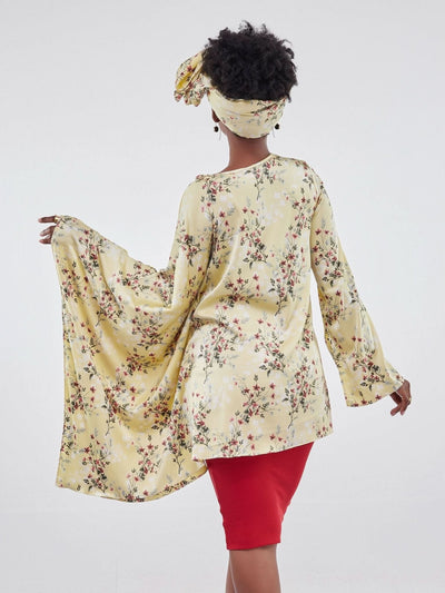 Vivo Jamila Side Drape Top - Yellow Floral Print - Shopzetu