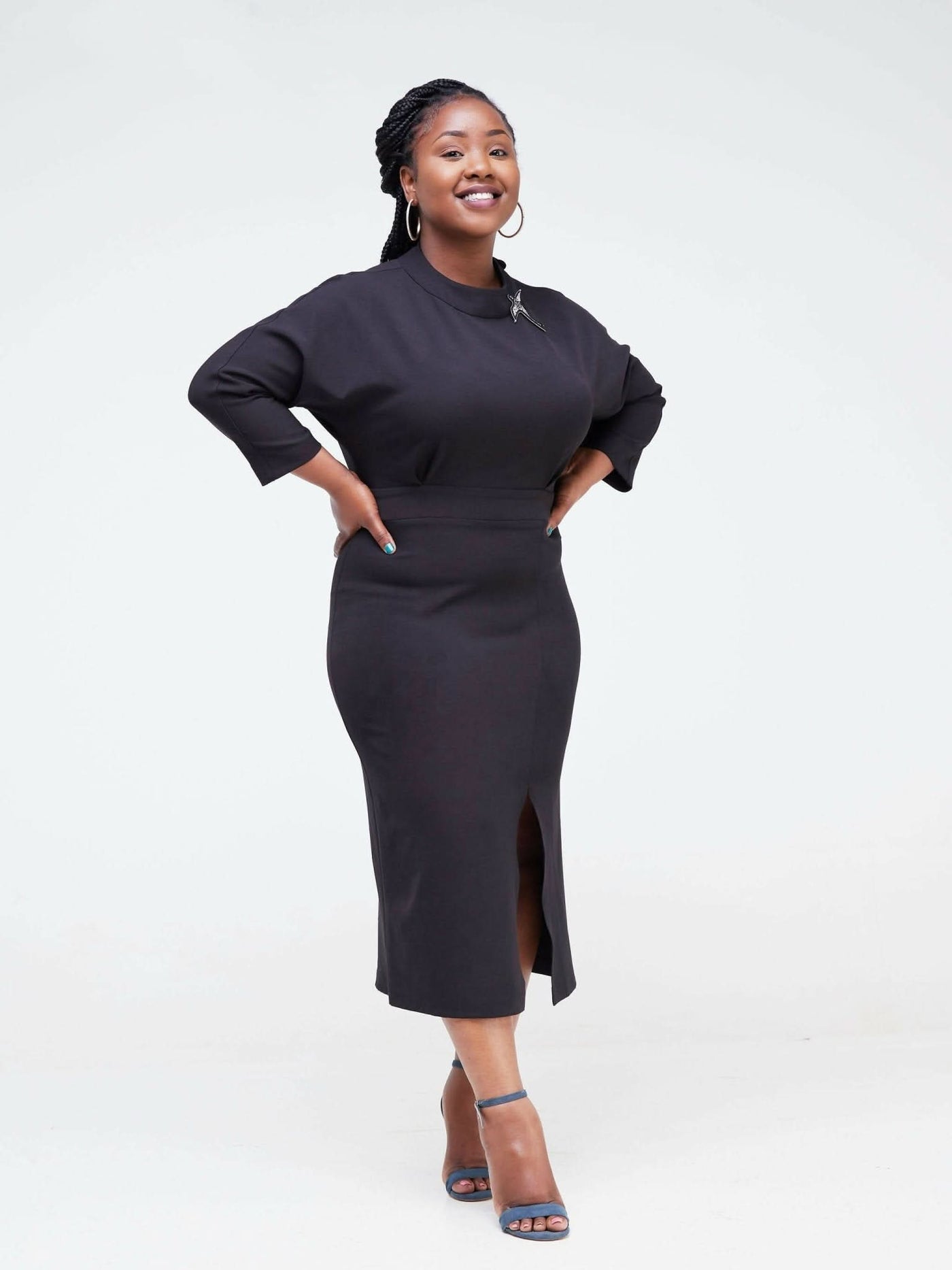 The Fashion Frenzy Front Slit Pencil Dress- Black - Shopzetu