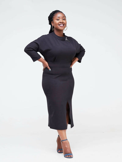 The Fashion Frenzy Front Slit Pencil Dress- Black - Shopzetu